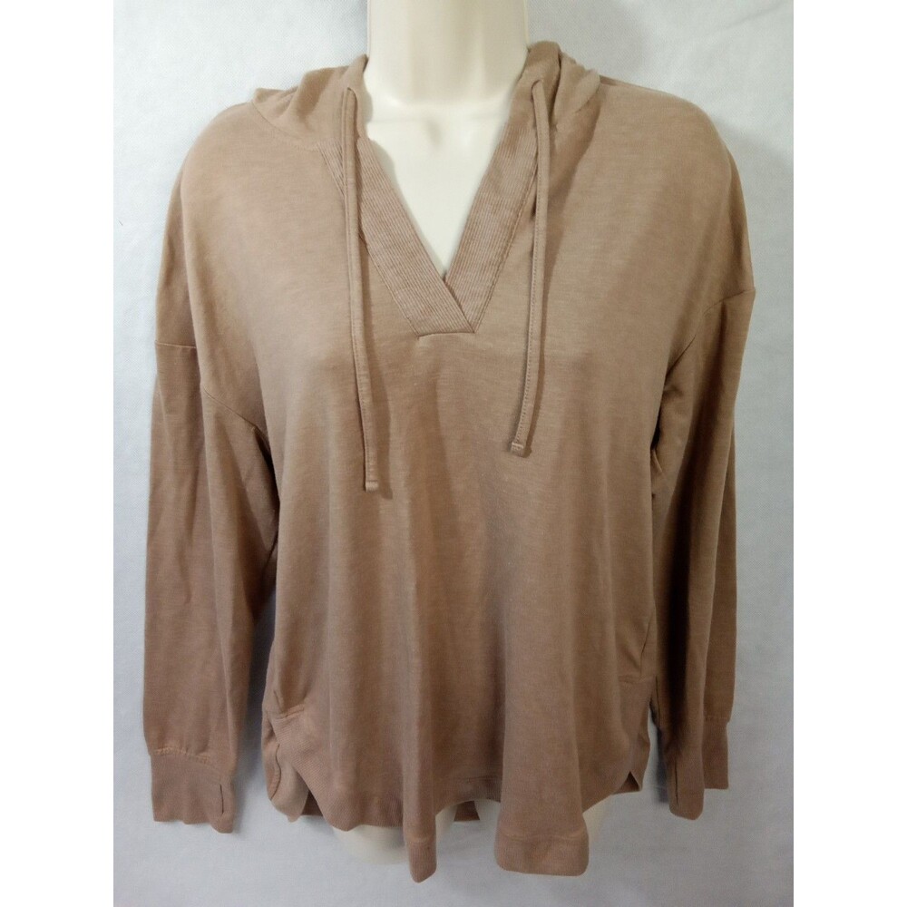RBX Womens Medium Long Sleeve V Neck Drawstring Hooded Top Brown Thumb Holes